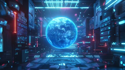 Obraz premium Futuristic Suspended Planet on Digital Platform with Glowing Screens and Geometric Shapes