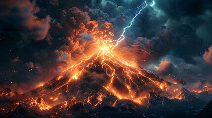 Volcano Lightning Strike: Dramatic Scene of Lightning Near Erupting Volcano, Intensifying Explosive Event   Photo Stock Concept