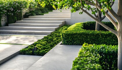A Masterpiece of Landscape Architecture with a Stone Stairway Amidst Lush Greenery. Generative AI