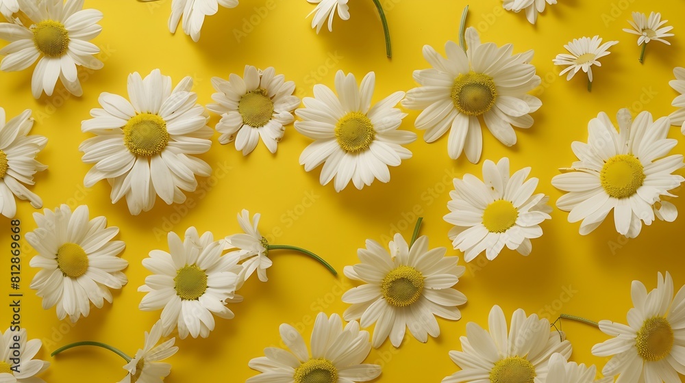 Poster flowers composition chamomile flowers on yellow background spring summer concept flat lay top view c