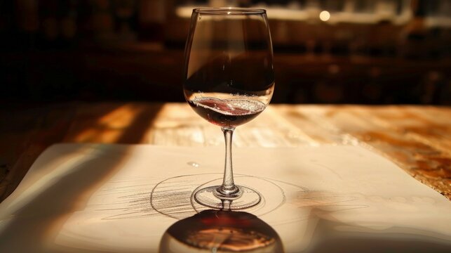 A glass of red wine on a wooden table. The glass is half full and the wine is a deep red color. The background is out of focus and is a dark color.