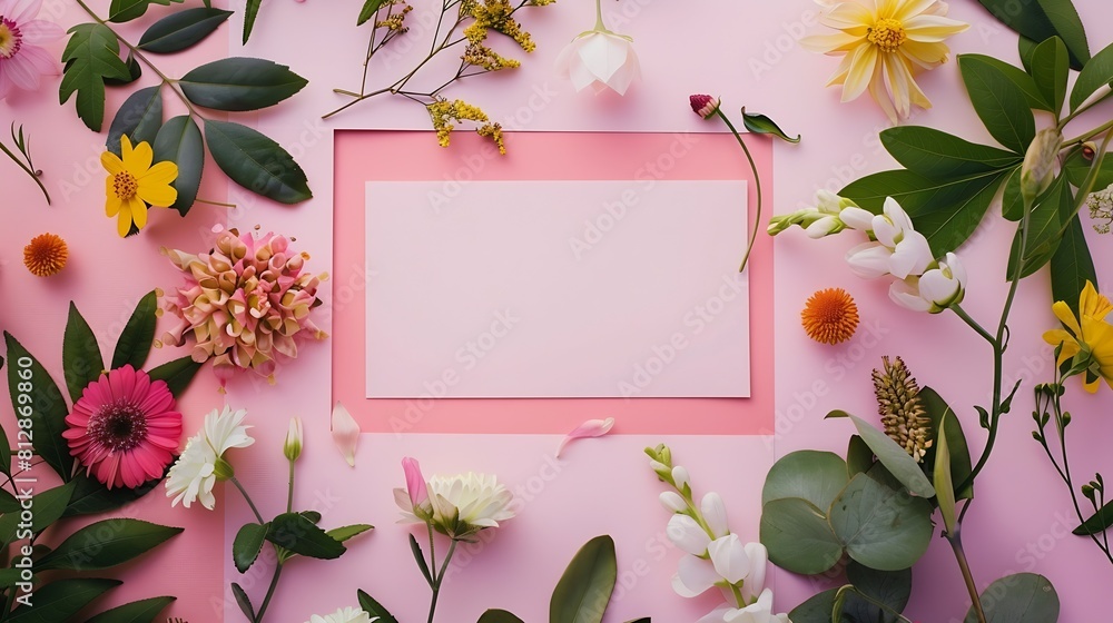 Poster creative layout made of flowers and leaves with paper card note flat lay nature concept : generative