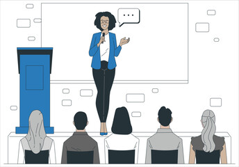 Confident speaker behind podium during stage speech. Smiling woman talking before audience. Female leader at public speaking. Good presentation of businesswoman. Flat vector illustration. 