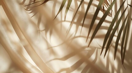 Minimalist aesthetic natural summer background with blurry sunlight shadow of tropical palm leaves on a neutral beige curtain copy space : Generative AI