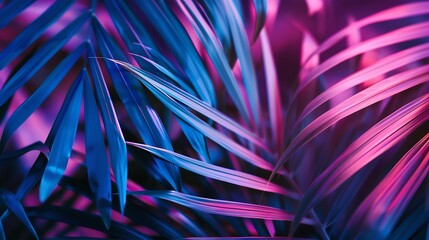 tropical leaf summer background with blue and purple party glow colors exotic jungle palm tree leaves toned : Generative AI