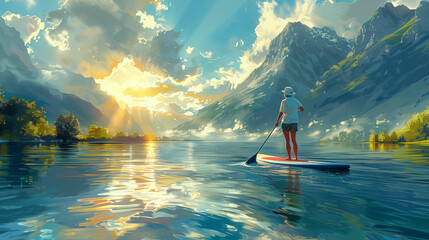Man riding paddle board on lake. Generative AI