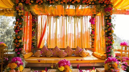 Exquisite Mehndi decorations adorned with an array of vibrant flowers, adding color and charm to the ceremonial space