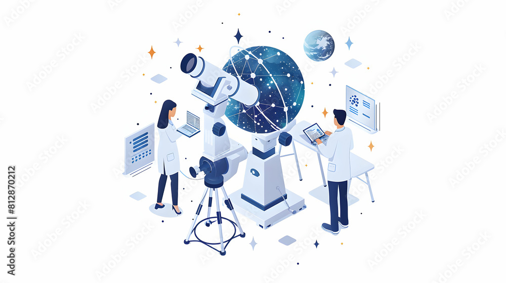 Poster flat design icon: advanced telescopic research by scientists exploring distant celestial bodies and 