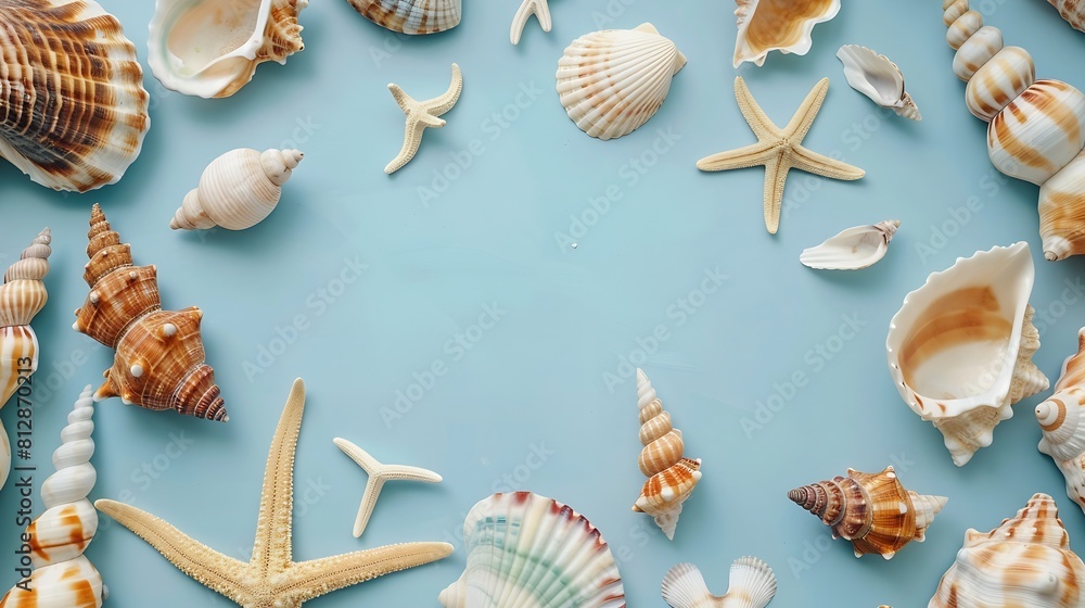 Poster flat lay top view frame of shells of various kinds on a blue background seashells and starfish on a 