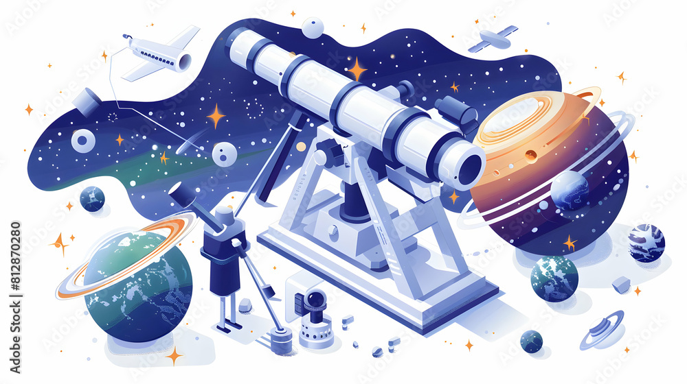 Poster simple flat design icon advanced telescopic research concept as scientists use advanced telescopes t