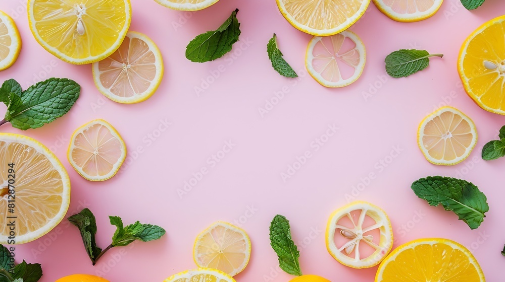 Poster Citrus slices and mint herbs frame on retro pastel pink background with copyspace from above Top view of lemon and orange frame design banner : Generative AI