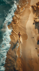 Man standing on sandy beach by ocean. Generative AI