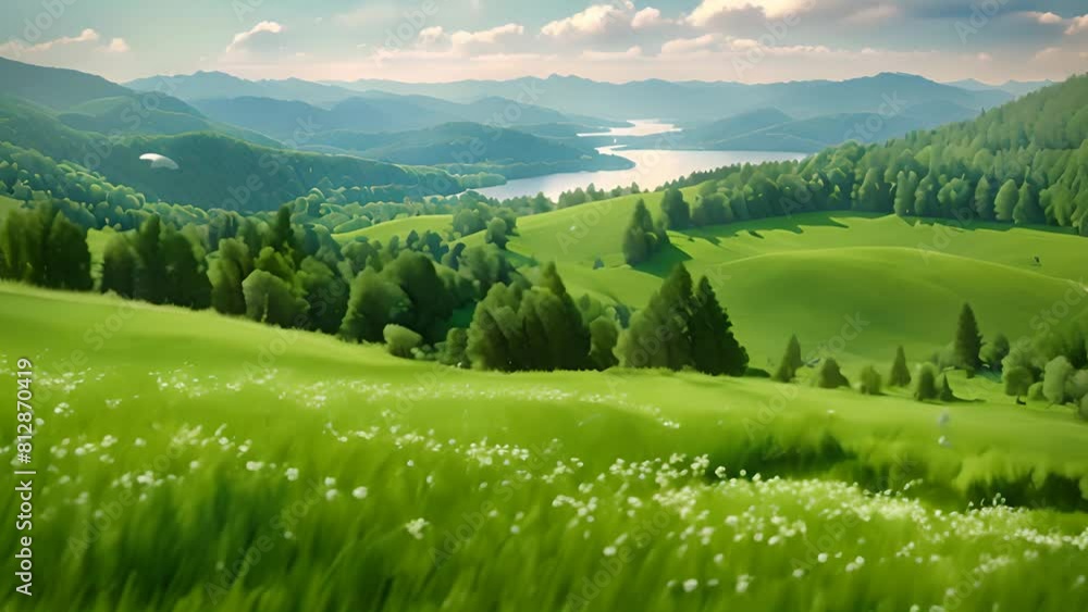 Poster green field with trees and lake generative ai