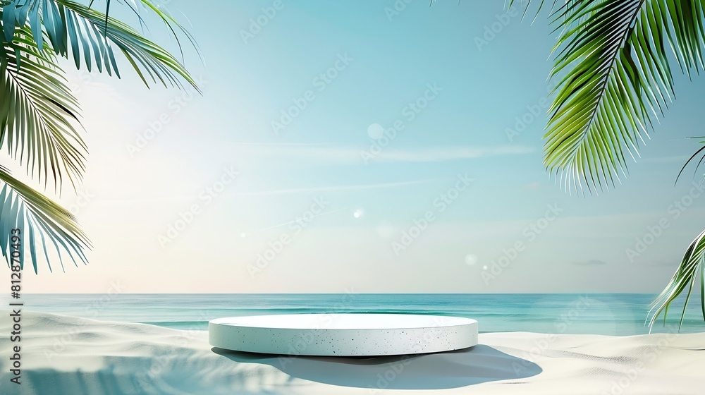 Poster summer tropical background podium on sand beach on sea background mock up for the exhibitions presen