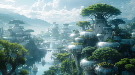 Modern city nestled among forested mountains. Generative AI