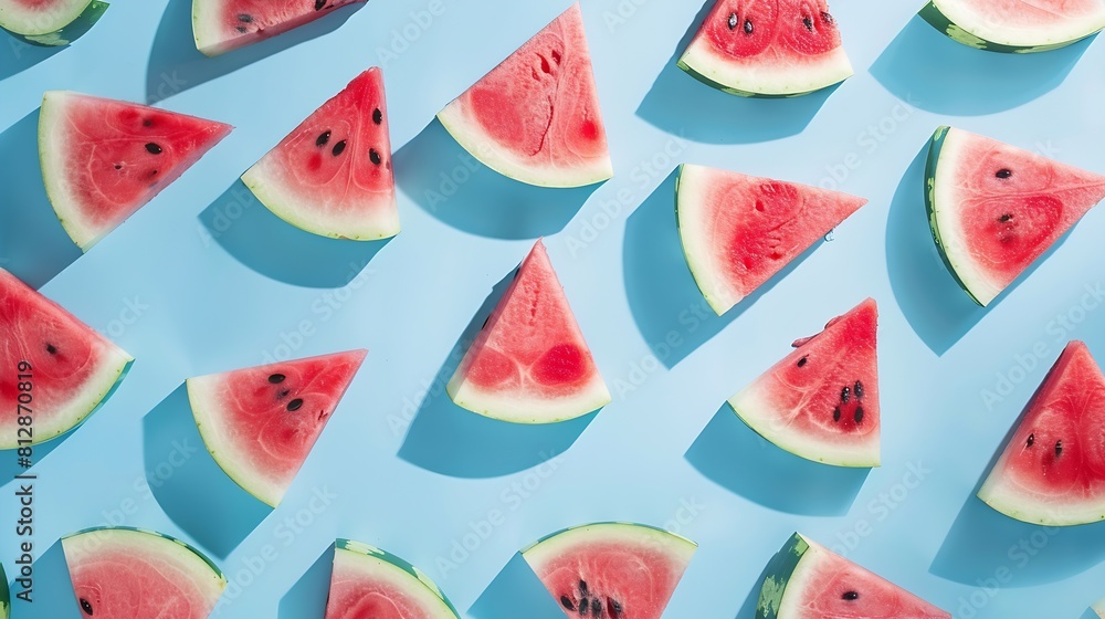 Poster colorful fruit pattern of fresh watermelon slices on blue background from top view : generative ai
