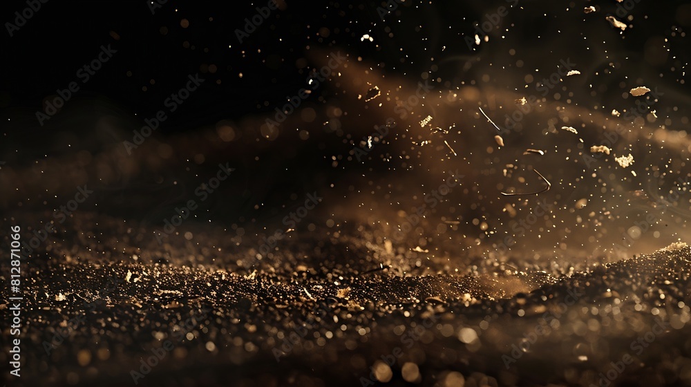 Aufkleber Dynamic Dust and Wood Chips on Black Background  Creative Design Layout with Airborne Dirt Particles for Motion Effect : Generative AI