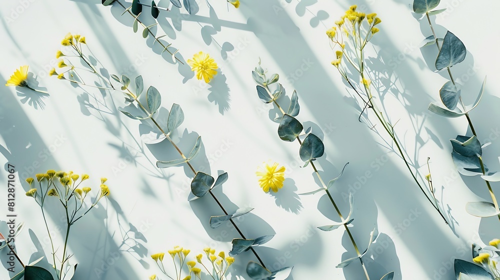 Aufkleber flowers composition with fresh eucalyptus branches and yellow flowers easter spring summer concept f