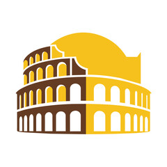 Naklejka premium A minimalist logo featuring a yellow and brown depiction of the iconic Colosseum in Rome, A minimalist logo of the Colosseum in Rome, minimalist logo