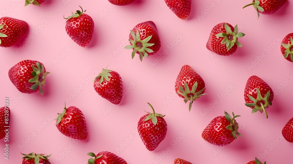 Aufkleber colorful pattern of strawberries on pink background top view : generative ai