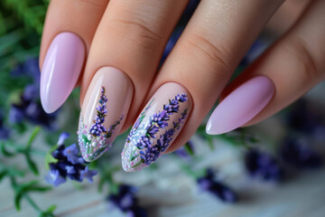 lavender nail art on glossy almond shaped nails with natural elements