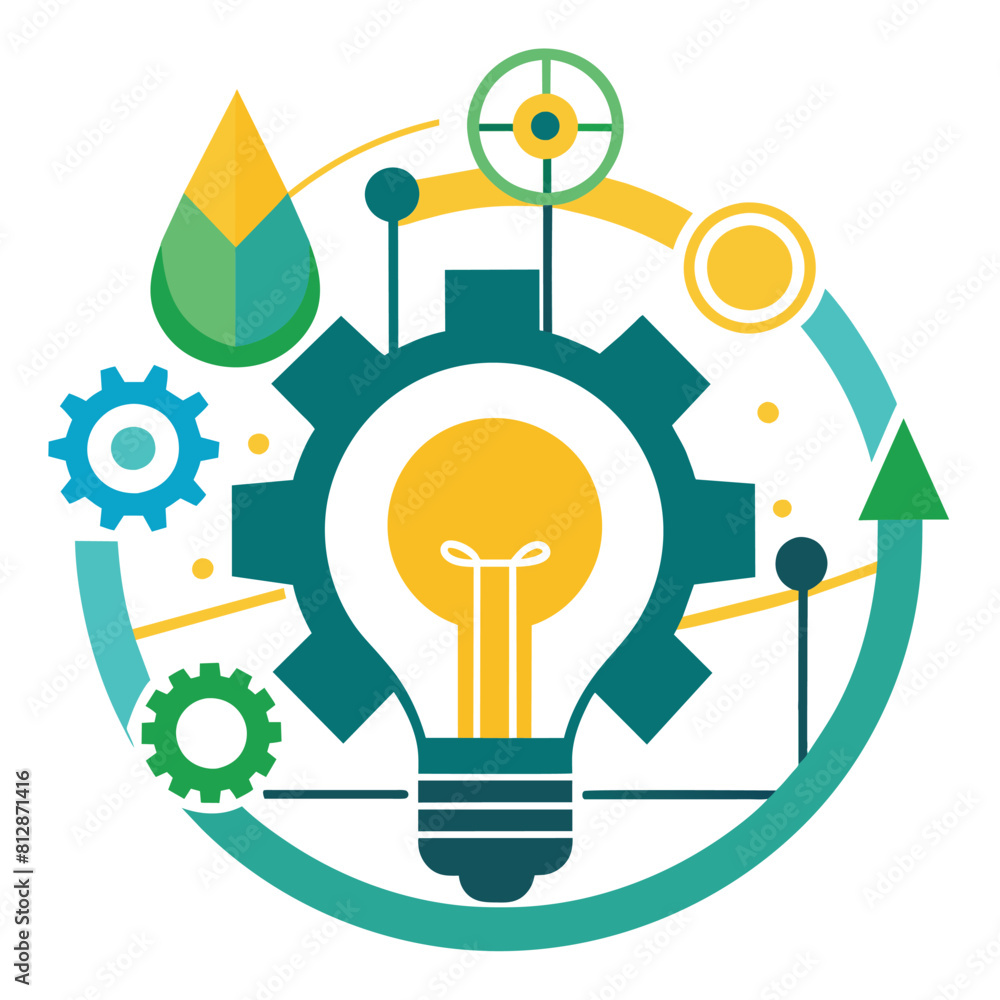 Poster a light bulb surrounded by interconnected gears, representing innovation and problem-solving in a me