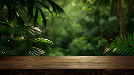 empty top table old wood podium texture in tropical forest greenery plant blurred background with copy spaceorganic healthy natural product present placement pedestal displaynature jun : Generative AI