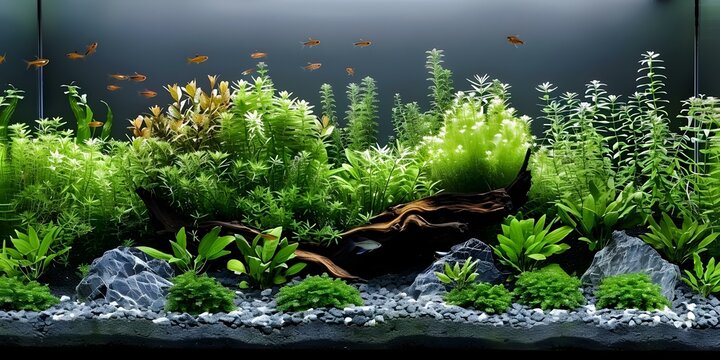 Aquarium with plants driftwood rocks fish creating a harmonious aquascape design. Concept Aquascape Design, Aquarium Plants, Driftwood Decor, Rocks and Stones, Tropical Fish
