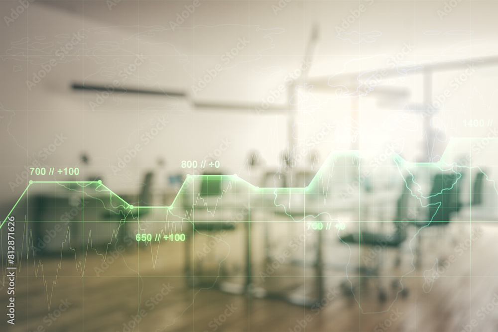 Poster Abstract virtual analytics data spreadsheet on a modern furnished classroom background, analytics and analysis concept. Multiexposure