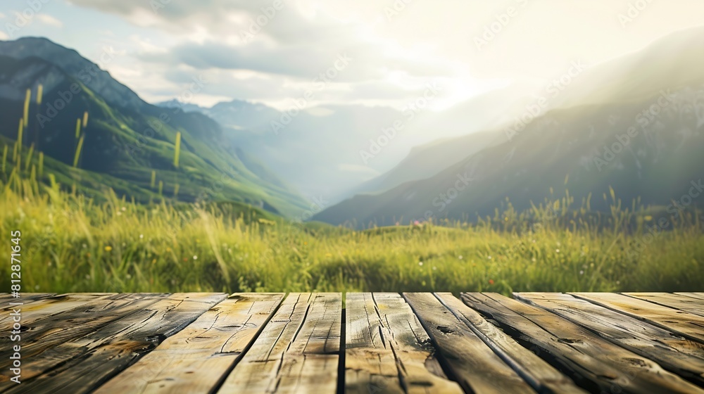 Poster wooden table top on blur mountain and grass fieldfresh and relax conceptfor montage product display 