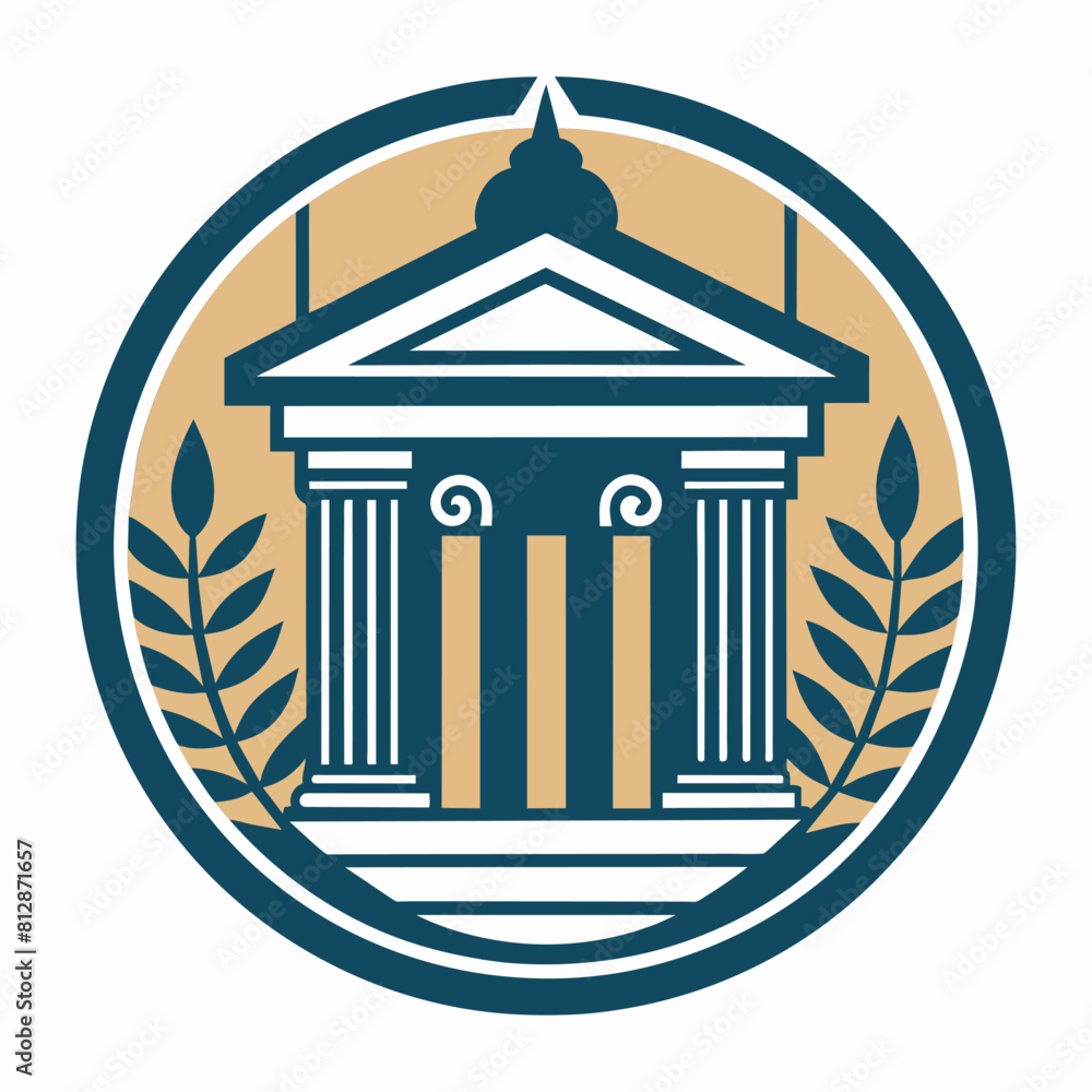Poster architectural structure with classical columns adorned by laurel wreath, a minimalist logo with a su