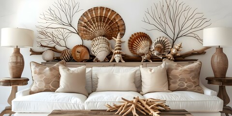 Coastal living room decor with seashell and driftwood wall art. Concept Coastal Decor, Seashell Art, Driftwood Wall Art, Beach Theme, Living Room Decor