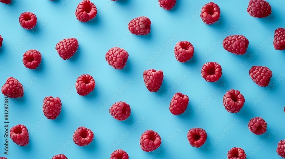 Aufkleber colorful pattern of raspberries on blue background from top view : generative ai