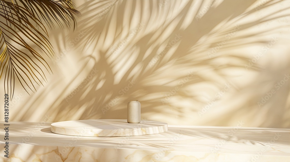 Aufkleber tropical palm tree shadow on cream wall and luxury marble table for product placement natural layout