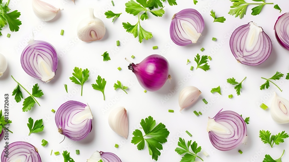 Poster onion bulbs and parsley leaf composition and creative layout isolated on white background healthy ea
