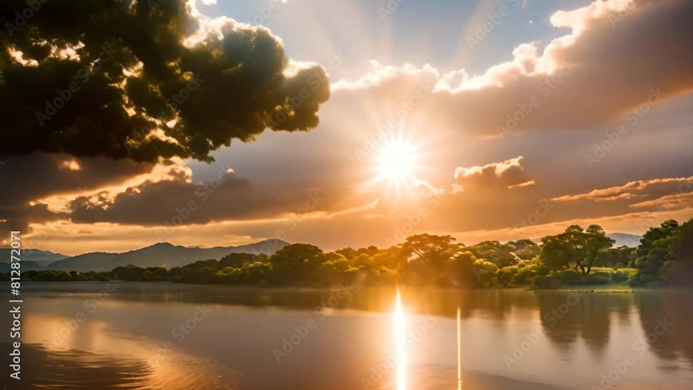 Poster sun shining on lake with mountain backdrop generative ai