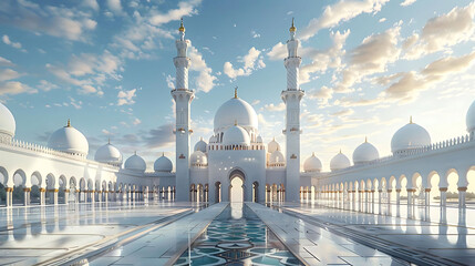 mosque building with high detail and beautiful architecture against a white and blue sky