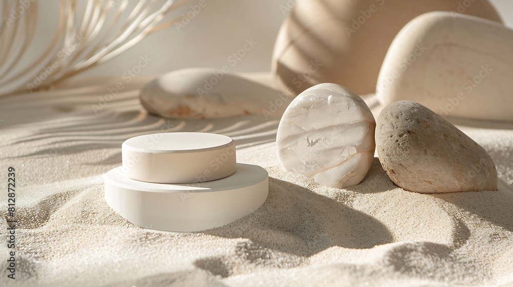 Aufkleber Natural cosmetic background for product presentation Rocks and white podiums on the sand Front view : Generative AI
