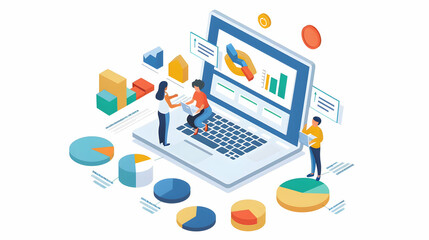 Minimalistic flat icon concept: Analysts using advanced metrics to enhance customer experience quality across services in an isometric scene