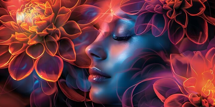 Collage of a womans face with large flowers blending wild and ordinary. Concept Woman's Face Collage, Large Flowers, Wild and Ordinary Mix, Unique Portrait, Blended Elements