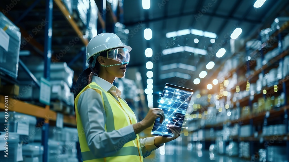 Poster Industry 40 Modern Warehouse Female Engineer in Empty Warehouse Uses Digital Tablet Computer with Augmented Reality Software for Future Factory or Warehouse Layout Concept Shot of Augm : Generative AI