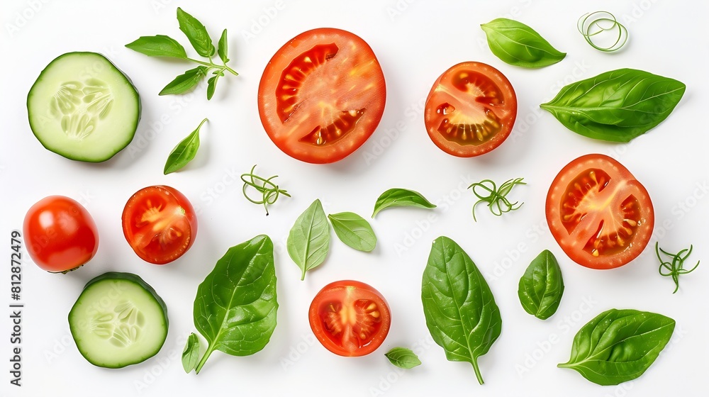 Poster creative layout made of tomato cucumber and salad leaves on the white background flat lay food conce