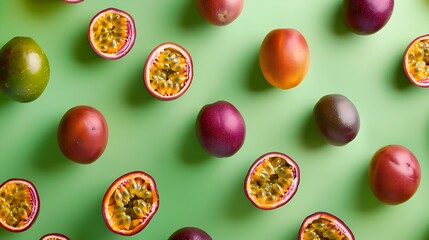 Colorful fruit pattern of fresh passion fruits on green pastel background top view : Generative AI