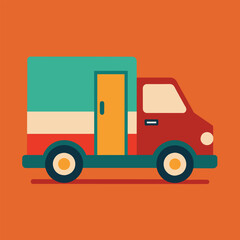 A red truck with a yellow door stands out against an orange background in this minimalistic composition, A minimalistic representation of a delivery truck in a contemporary style