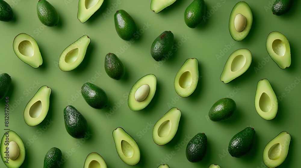 Poster creative layout made of avocado flat lay food concept macro concept green background : generative ai