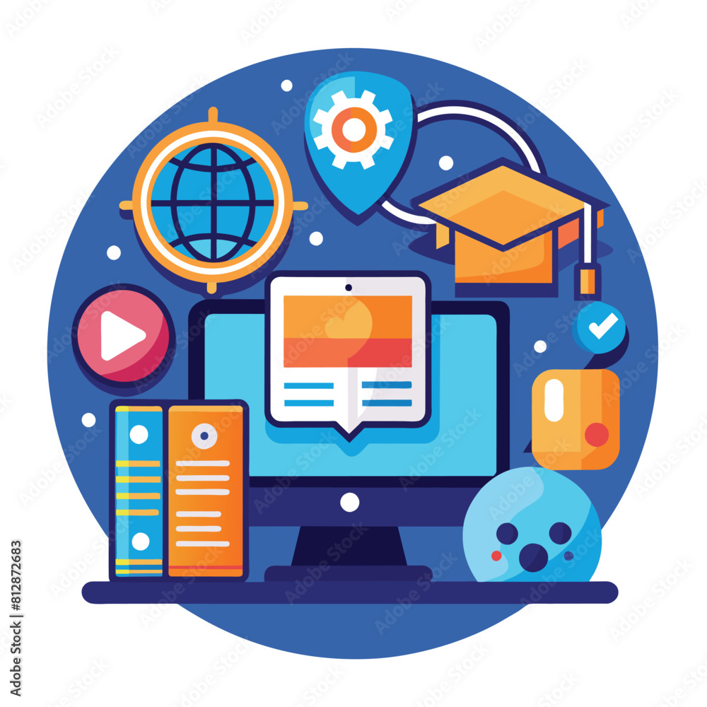Poster a computer screen encircled by various icons, representing different functions and applications, a m