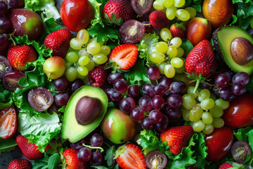 overhead view of a mixed fruit salad with vibrant strawberries and green grapes