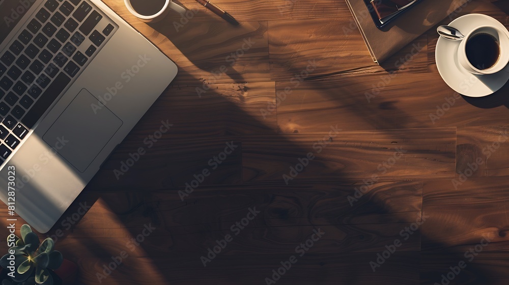 Poster top view above of wooden office desk table with keyboard of laptop coffee cup and notebook with equi