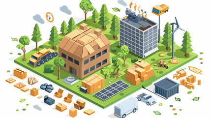 Eco Friendly Material Sourcing Concept in Business: Promoting Environmental Stewardship and Reducing Carbon Footprint with Simple Flat Design Icon Isometric Scene Illustration