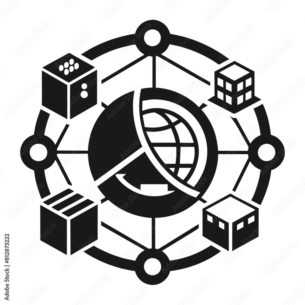 Poster black and white logo featuring a circle connected to cubes, symbolizing interconnection and unity, a